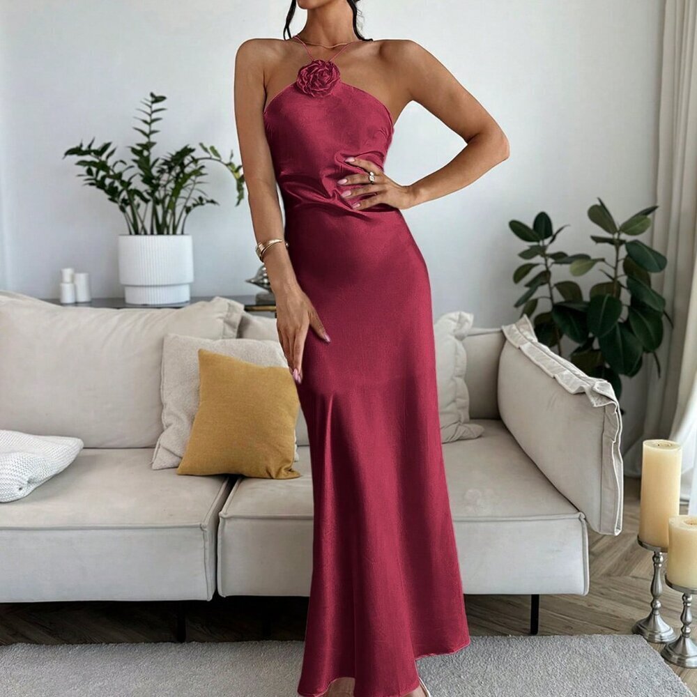 Burgundy Elegant Women's Flower Neck Tie Dress